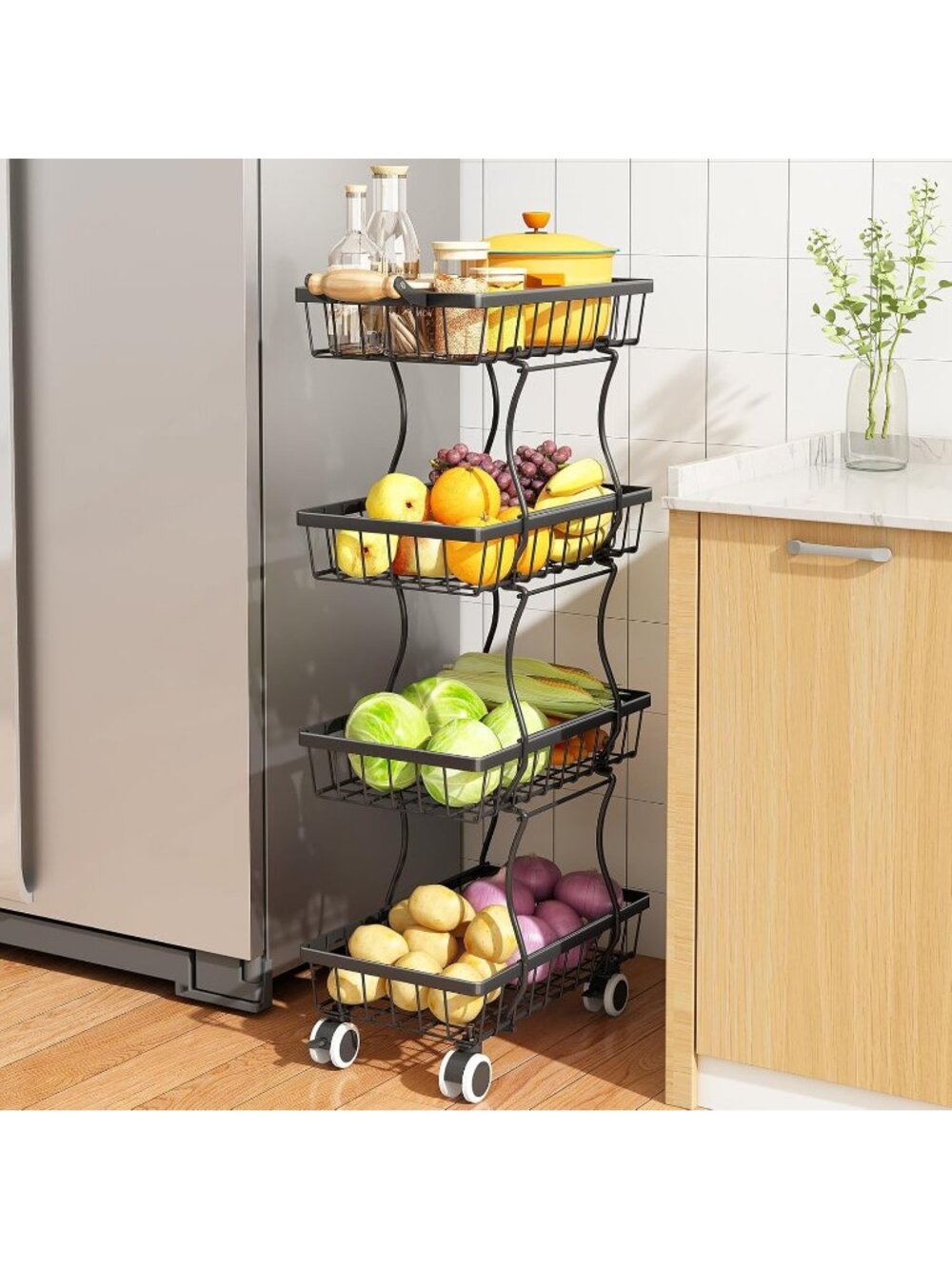 New Black 4 Tier Stackable Metal Wire Fruit Basket Rolling Pantry Cart Stand